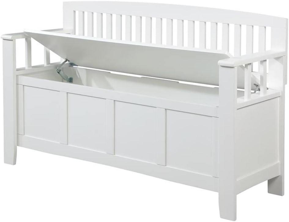 Riverbay Furniture Storage Bench, 50 in Wide, MDF and Rubberwood, White Painted Finish, Flip Top with Slam-Free Hardware, Slat Back, Armrest, Entryway, Living Room or Bedroom Seating and Organization