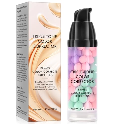Primer Makeup Mit Broad Spectrum SPF50+ |Skin Tone - Correcting & Water-Resistant & Sweat-Proof|Tri-Color Sunscreen&Concealer Makeup Primer Face |Hydrating Maquillaje Base 1.41oz (Multicolor1, 1 pack)