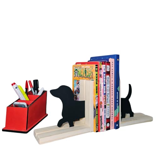 Porta-Livros Criativo em Madeira Pinus e MDF - Silhueta de Cachorro Salsicha Preta, Base Antidesliza