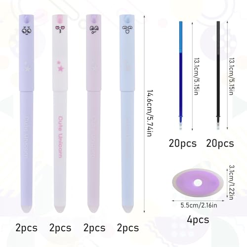 GZGXKJ 8 Stück Radierstifte 0.5 mm Radierbar Stift Tier Süße Stifte Radierbarer Kugelschreiber mit 40 Ersatzminen + 4 Radiergummis Geeignet für Schul Familien Schüler und Bürobedarf