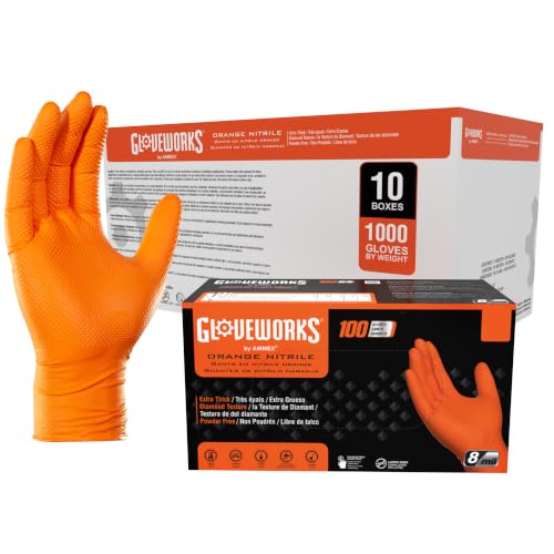 Image of GLOVEWORKS Orange Nitrile Work Gloves, 8 Mil Disposable Heavy Duty, Raised Diamond Grip Mechanic Glove, Small, Case of 1000