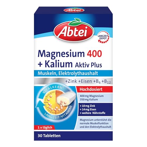 Abtei Magnesium 400 + Kalium Aktiv Plus - hochdosiert, für aktive Muskeln und den Elektrolythaushalt - mit Depot-Effekt - laborgeprüft, vegan - 30 Tabletten