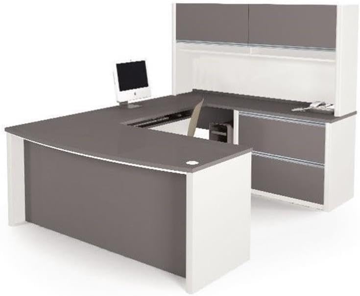 Scranton & Co U-Shape Home Office Set, Sandstone and Slate Finish, Commercial Grade Work Surface, Enclosed Storage with Hutch, Oversized Pedestal, Wire Management, Modular Design, 95.6 in Wide