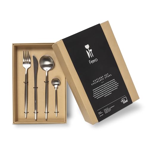 VIDI FERRO Set de Couverts Argent Poli | Service de Table 6 Personnes | Couverts de luxe 24 pièces | Cuillères, Fourchettes, Couteaux, Cuillères à café | Acier inoxydable | Passe au Lave-vaisselle
