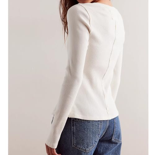 Image of Women Slim Fitted Cardigan Button Down Long Sleeve Ribbed Knit Shirt Y2k Solid Casual Tops (US, Alpha, Small, Regular, Regular, White)