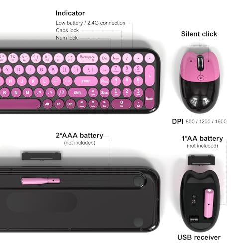 Dilter Wireless Keyboard and Mouse Combo, Portable Retro Keyboard with Compact Size, 2 in 1 USB Connected Mouse for Windows 7/8/10, Laptop, Desktop, PC, Computer (Black Pink) by Dilter - Used condition - Image 6