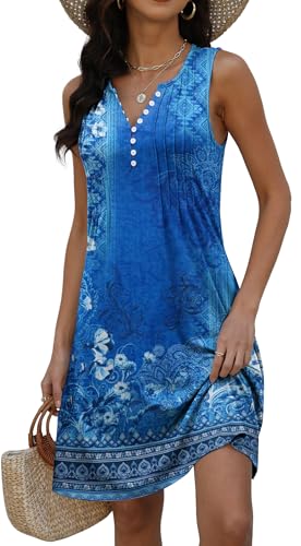 Image of Disamer Beach Dresses for Women 2026 Vacation Swim Cover up V-Neck Summer Dress Button Down Sleeveless Boho Floral Sundress