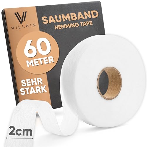 Villkin Saumband 60m Länge und 20mm Breite – Bügelband zum Aufbügeln auf Textilien wie Hosen Gardinen Vorhänge – Saumfließ (Weiß, 20mm x 60m)