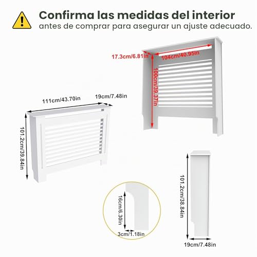 Miniatura 2 de Fativo Cubierta De Radiador Alta Blanca Moderna: 100 Cm De Altura Interior Consola Cubreradiador De Madera Armario Cubre Radiador De Mdf Estante Para Calentador Horizontal, 111x19x101 Cm