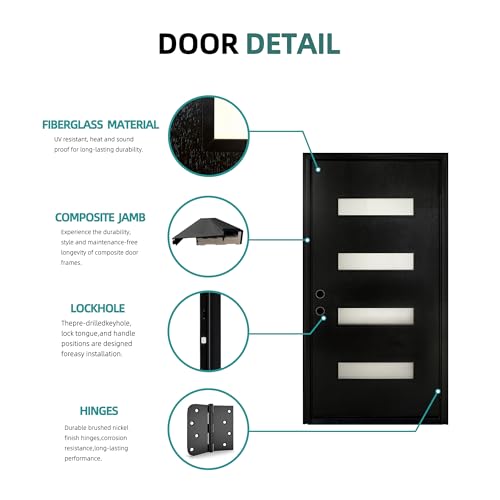 Image of Casaphoria 36 inch x 80 inch Fiberglass Entry Door Without Door Frame,Right Hand Inswing Exterior Door with Brickmould,Contemporary Wooden Grain Knock-Down Front Door for Home Entrance, Black Door Slab Only