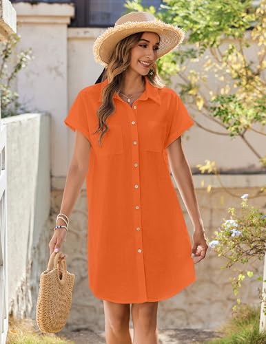 Image of Zeagoo Summer Dresses for Women 2026 Cotton Button Down Short Sleeve Tshirt Dresses Casual Mini Beach Dress
