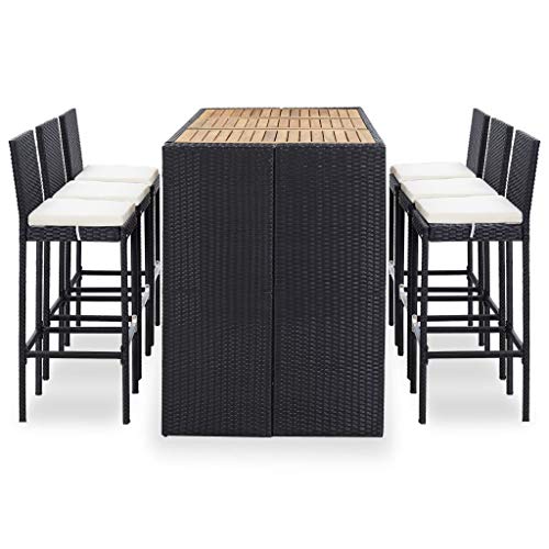Vidaxl 7-Piece Outdoor Rattan Wicker Bar Dining Patio Furniture Set With Acacia Wood Table Top, Bar Stool And Removable Cushion, Conversation Set For Patios, Backyards, Porches, Gardens And Poolside #TOP1