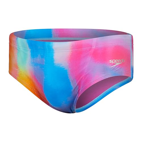 Image of Speedo Men's 13.5cm Club Training Allover Brief Swim Trunks Swimmers Blue Pink Size UK 36
