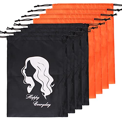 COOKOO 8 Pcs Hair Storage Bag With Drawstring for Women,Large Bags for Hair Extensions,Hair Bundles,Headband Wig,Lace Wig,Hair Tools,Pouches Gift Bags and Travel Bags(4 Pcs Orange and 4 Pcs Black)