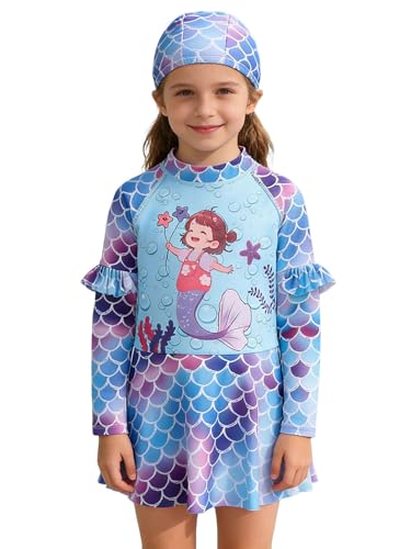 Runhomal Chica Trajes Baño Dos Piezas Yoga Acuático Estación Playa Piscina Vestido Baño Manga Larga Traje Lindo, azul, 7-8 Años