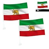 2PCS Iran Flagge Löwe 45x30cm Alte Iranische Autoflagge Kleine Iranische Autoflagge Mit Löwenmotiv Und Fahnenmast, Historische Iran Flagge Autofensterbanner