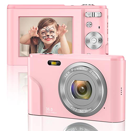Digital Camera 1080P FHD Mini Video Camera 36MP LCD Screen Rechargeable Students Compact Camera Pocket Camera with 16X Digital Zoom YouTube Vlogging Camera for Kids,Adult,Beginners(Pink)