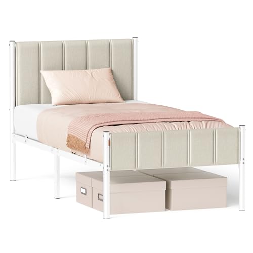 VASAGLE Einzelbettgestell, Bettgestell, 90 x 200 cm, mit gepolstertem Kopfteil, Bettrahmen, Stahl, trägt bis zu 250 kg, einfache Montage, cappuccinobeige RMB972LH01