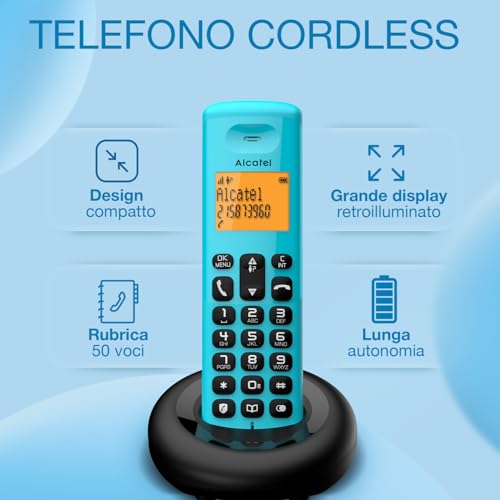 Alcatel E160 Blau Schnurloses DECT-Telefon mit Blockierung unerwünschter Anrufe, großes orangefarbenes hintergrundbeleuchtetes Display, leicht zu lesen, Klassische und polyphonische Klingeltöne
