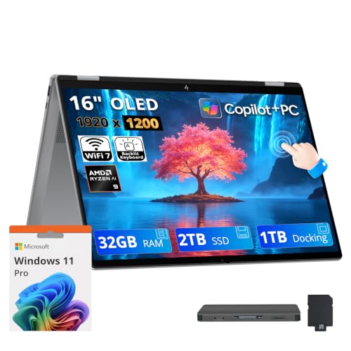 Image of HP OmniBook X Flip 2-in-1 Copilot+ PC Laptop, 16 inch FHD+ OLED Touchscreen, AMD Ryzen AI 9 465, 32GB LPDDR5X, 3TB Storage (2TB SSD+1TB Docking Station), Backlit Keyboard, Wi-Fi 7, Win 11 Pro, Silver