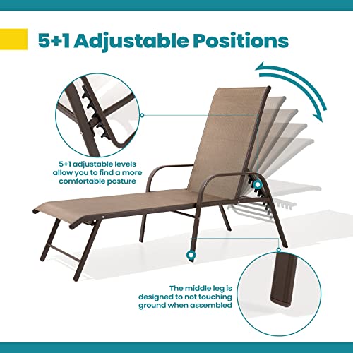 Pellebant Adjustable Patio Chaise Lounge Chair, 5 Positions And Flat Position, Folding Outdoor Recliners For Beach, Pool And Yard, 2 Pcs, Brown #TOP4