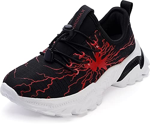BRONAX Black Tennis Shoes for Boys Size 1 Comfty Light Fashion No Tie Boys Athletic Casual Walking Running Sneakers Black Red