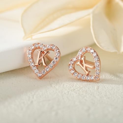 Image of Anoup Heart Initial Earrings for Girls Gifts - S925 Sterling Silver Post CZ Hypoallergenic Stud Initial Earrings for Women Teen Girls Birthday Gifts for Kids Jewelry