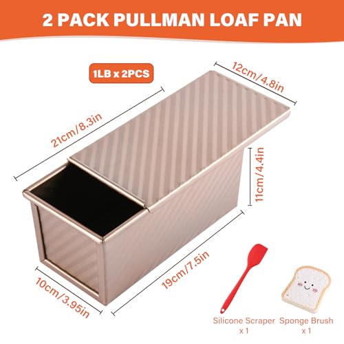 Image of Pullman Loaf Pan with Lid, 2 Pack 1 lb Dough Capacity for Homemade Bread, Non-stick Corrugated Carbon Steel Bread Toast Box with Cover for Bakeware, Sandwich & Toast Oven Baking, Gold