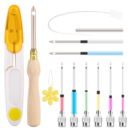 Image of AUGSUN 13 Pcs Punch Needle Kit Embroidery Tool Set for Beginners Adults | Adjustable Punch Needles, Ergonomic Wooden Handle, With Yarn Guide Threader, DIY Crafts Fabric Art Project, Yellow Set