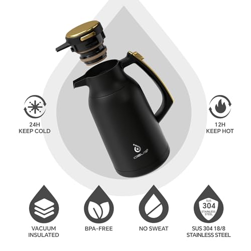 Image of IDEUS Thermal Coffee Carafe, Stainless Steel Double Wall Insulated Vacuum Flask, Water Jug Coffee Server and Beverage Dispenser, Heat and Cold Retention (Black-Gold, 68, Fluid Ounces)