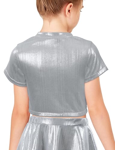 Happy Cherry Kids Girls Shiny Metallic Short Sleeve T-Shirt Hip Hop Jazz Dance Tops Performance Sparkly Dancewear2