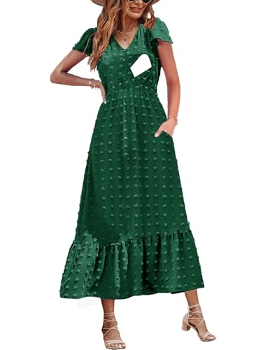 Image of CzzzyL Women Nursing Boho Maxi Dresses Cap Short Sleeve V Neck Swiss Dot High Waisted A-Line Ruffle Tiered with Pockets