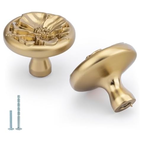 Rergy 4 Pack Cabinet Knobs for Drawer Dresser Closet, Flower Shape Lemen Gold Drawer Knobs, Brushed Brass Cabinet Hardware, Pulls Handles Single Hole Cover