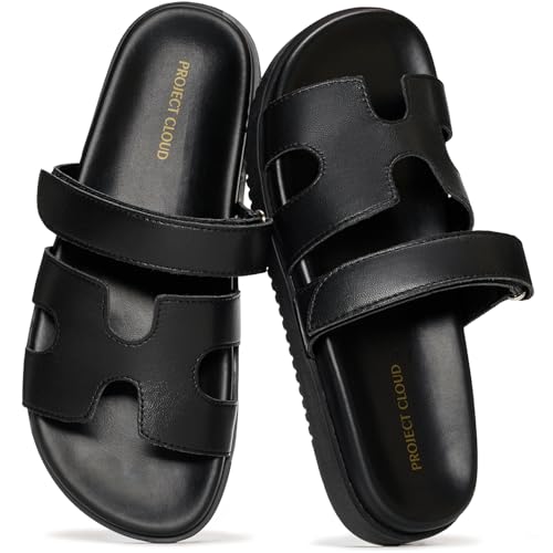 Project Cloud 100% Genuine Leather Sandals for Women Footwear - Stylish Womens Sandals with Plush & Soft Insole - Non-Slip and Water-Resistant Beach Sandals Slides for Women (Mayvy, Blk, 7.5)
