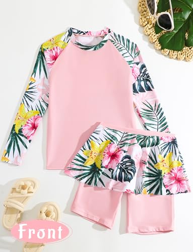 Girls Rash Guard 2 Pieces Bathing Suit Long Sleeve Swimsuit Swimming Skirt with Shorts Sun Protection Swimwear3