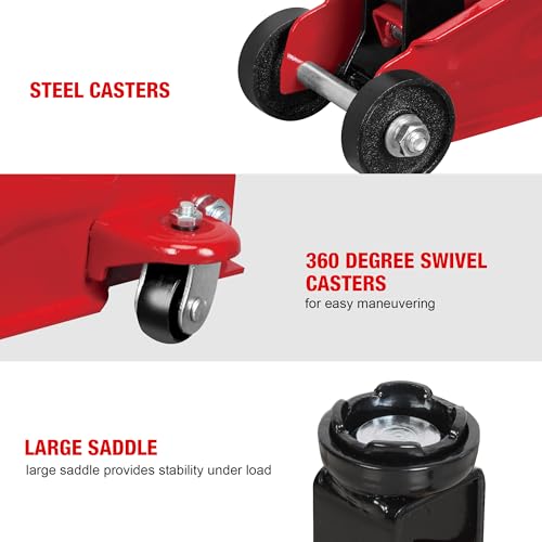 Image of Big RED TAM82012-1 Torin Low Profile Hydraulic Trolley Service /Floor Jack with Blow Mold Carrying Storage Case, 2 Ton (4,000 lb) Capacity, Red
