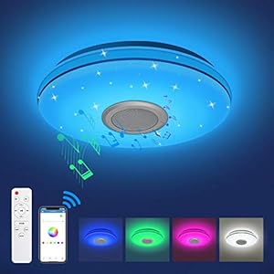 Plafonnier LED Musique Lumière Dimmable RGB , Plafonnier avec Haut-Parleur Bluetooth, Télécommande / APP Contrôle, 24W 2800LM IP54 Étanche, Lampe de Plafond pour Salon Chambre d’enfant – Ø 30CM