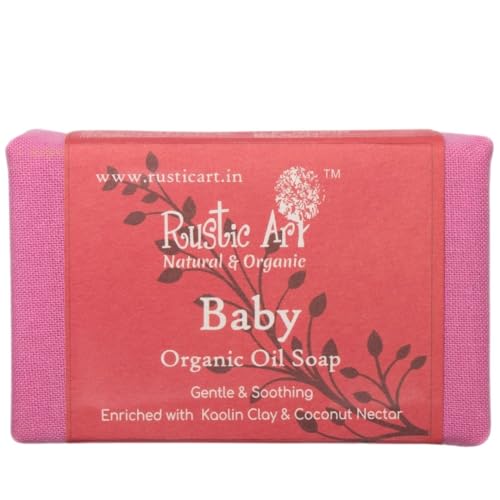 Image of Rustic Art Baby Organic Soap | Cold-Processed Handmade | Coconut Nectar, Aloe & Coconut Milk for Delicate Skin | Vegan, Natural | (100g (Pack of 1))