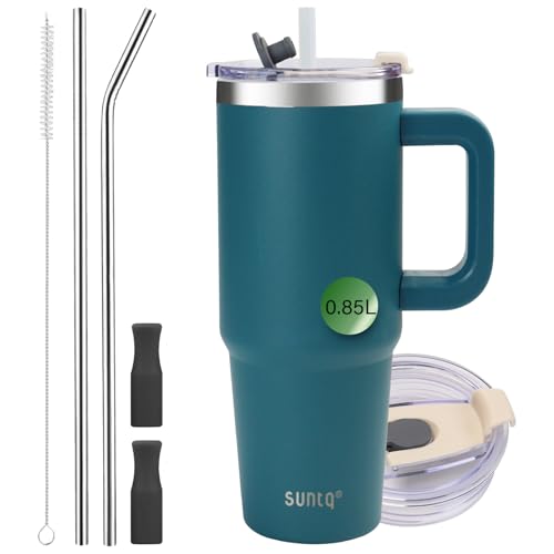 SUNTQ 30oz Tumbler with Handle, Double Wall Vacuum Insulated Water Bottle with Straw and Lid, Stainless Steel Travel Coffee Mug, Reusable Thermal Cup for Beverages, Fit in Cup Holder(Blue)