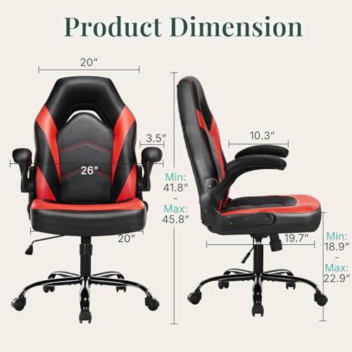 Image of Ergonomic Computer Gaming Chair with Flip-up Armrest, Height Adjustable PU Leather Home Office Desk Chair with Lumbar Support Swivel Wheels and for Adults and Kids, Scarlet Red