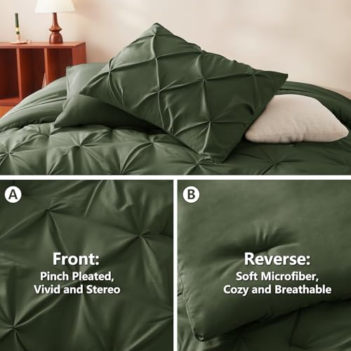 CozyLux Full Size Comforter Sets Olive Green, 7 Pieces Pintuck Bed in A Bag Green Comforter Full Size, Pinch Pleat Bedding Sets with All Season Comforter, Sheets, Pillowcases & Shams