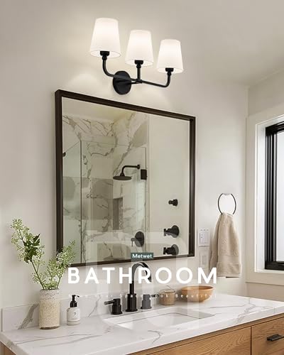 Image of Bathroom Light Fixtures, Matte Black Vanity Lights with Flared White Fabric Shade, 3 Light Wall Sconce, Modern Sconces Wall Lighting for Hallway Bedroom, VL837-MB-3