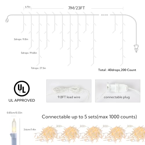 200 Christmas Icicle Lights, Warm White Clear Bulbs with 23FT Long White Wire, Professional Grade String Lights for Indoor & Outdoor,Xmas,Party, Patio, Courtyard, Window, Fence, Trees Decor - Image 5