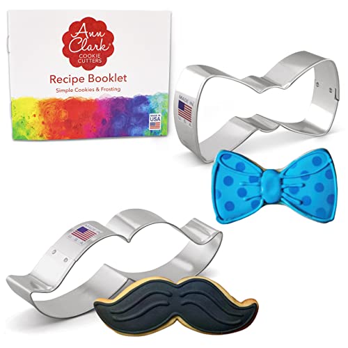 Ann Clark Cookie Cutters 2-Piece Little Man Cookie Cutter Set with Recipe Booklet, Bow Tie and Mustache