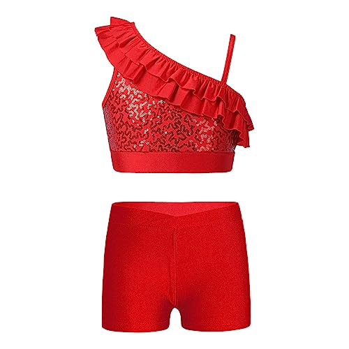 Kids Girls Two Piece Sequins Crop Top with Shorts Set for Gymnastics Dance Leotards Workout Fitness Swim Active