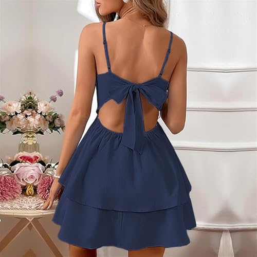 Image of Vimagcal Women's Sexy Backless Halter Dress with Adjustable Bow - Summer V-Neck Mini Dress for Parties