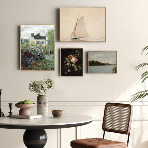 crmotu Framed Canvas Wall Art, Lake Landscape Vintage Large Artwork, Nature Scenery Retro Art Prints, Mountain River Moody Wall Painting for Living Room Bedroom Bathroom Office Decor Aesthetic 24x36in