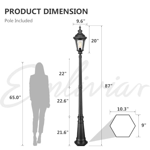 Image of Emliviar 87 Inch Large Street Lamp, 1-Head Outdoor Lamp Post Light with Water Ripple Glass, Black Waterproof Pole Lights for Garden, Pathway, Backyard, Driveway, XE265PL-M-SW BK