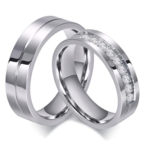 SWOPAN Couple Rings for Him and Her Stainless Steel Matching Promise Ring Princess Cut Bridal Wedding Engagement Bands Cubic Zirconia CZ Band for Women Men Lovers Bridal Jewelry Gifts, Women Size 7.5
