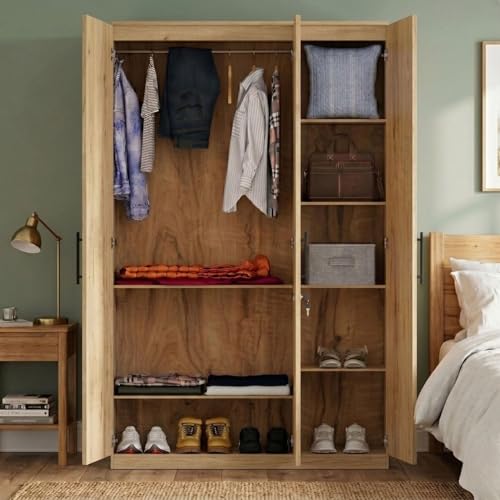 Image of FFO Kavisto 3 Door Wardrobe Wooden for Bedroom with Shelves, Hanging Space & Lock, Wooden Clothes Organizer Almirah for Home, Office & Kids Room Milok DIY.